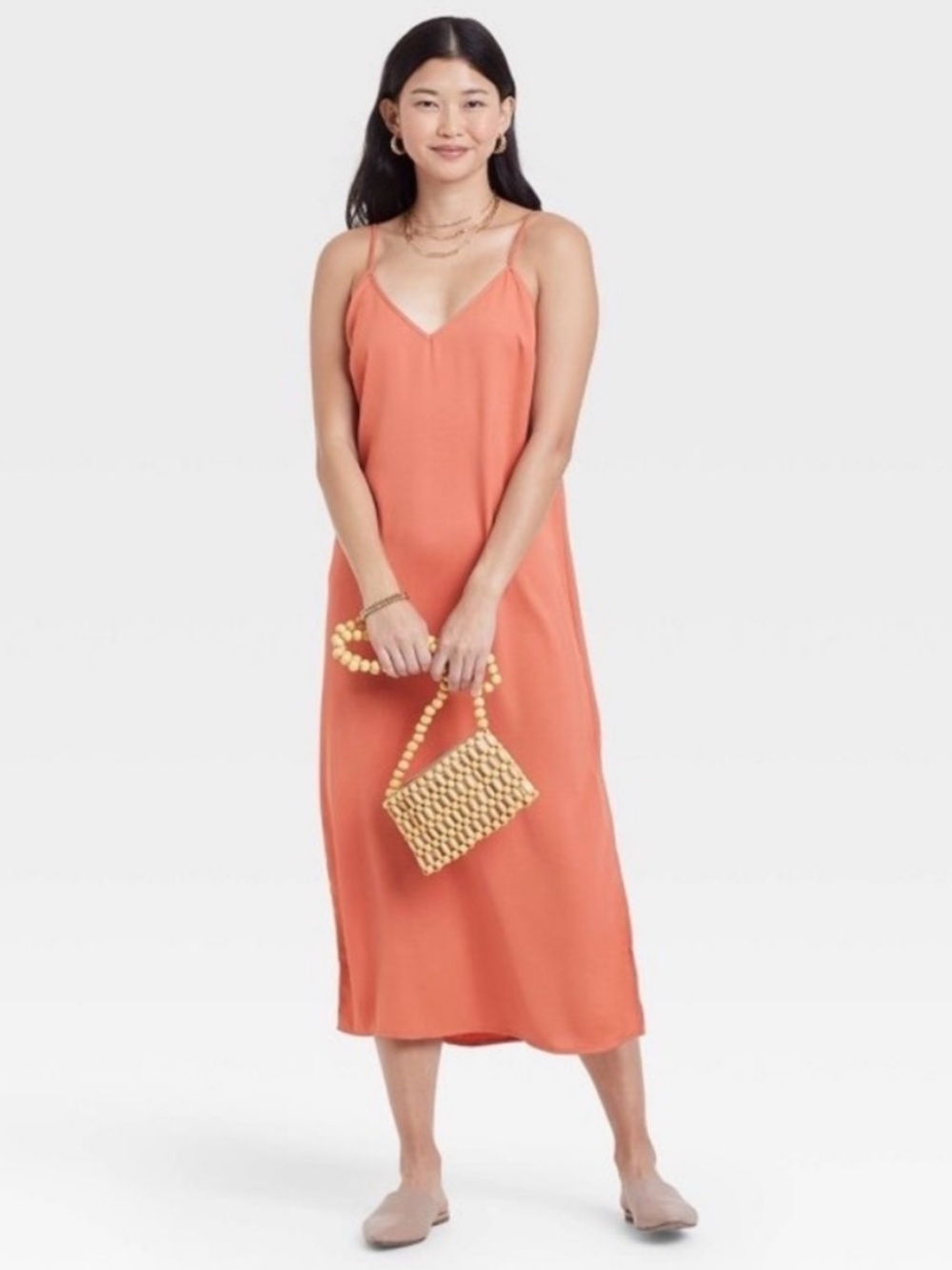 A New Day Side Slit Satin Slip Dress Orange Size M